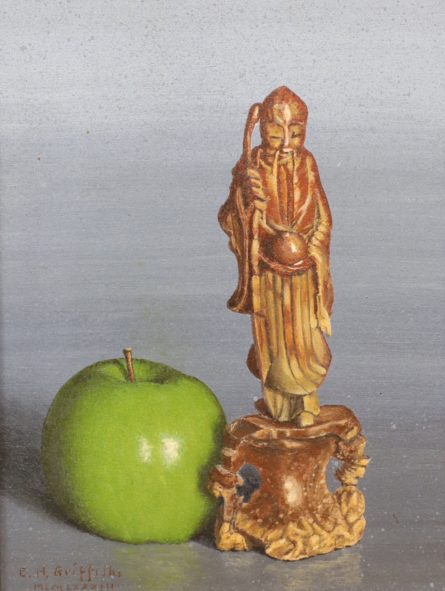 Edward Griffiths, pair of oils on board, 'Holy man with temptations' and one other, each signed, label verso, 21 x 16cm